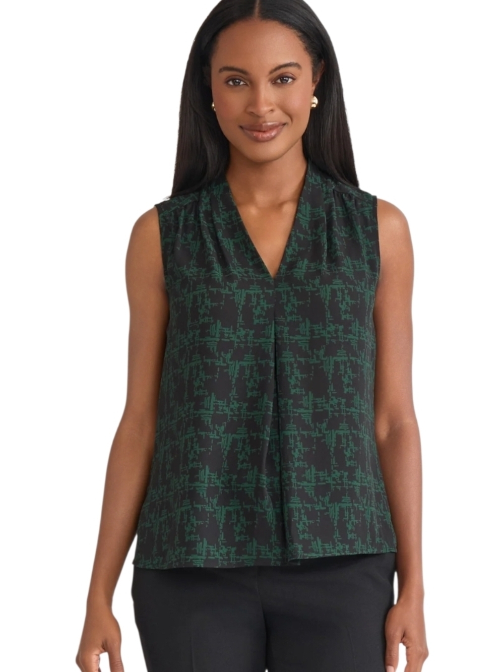 KASPER - PXL Sleeveless V-Neck Printed Shell Top - Green/Black